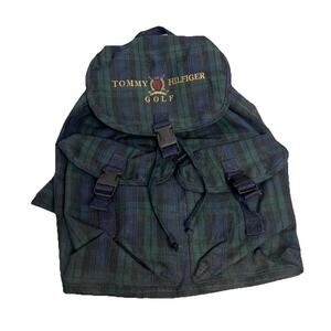 Vintage Tommy Hilfiger Spell Out Drawstring Cinch Backpack Navy Blue Green Plaid